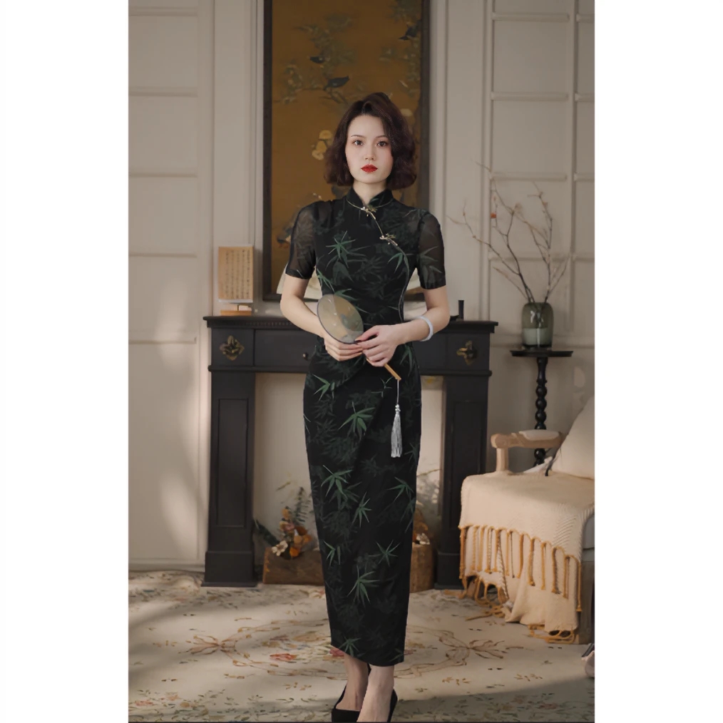 彩彩家【墨竹】夏季中国风显瘦气质优雅修身中长款设计师改良旗袍