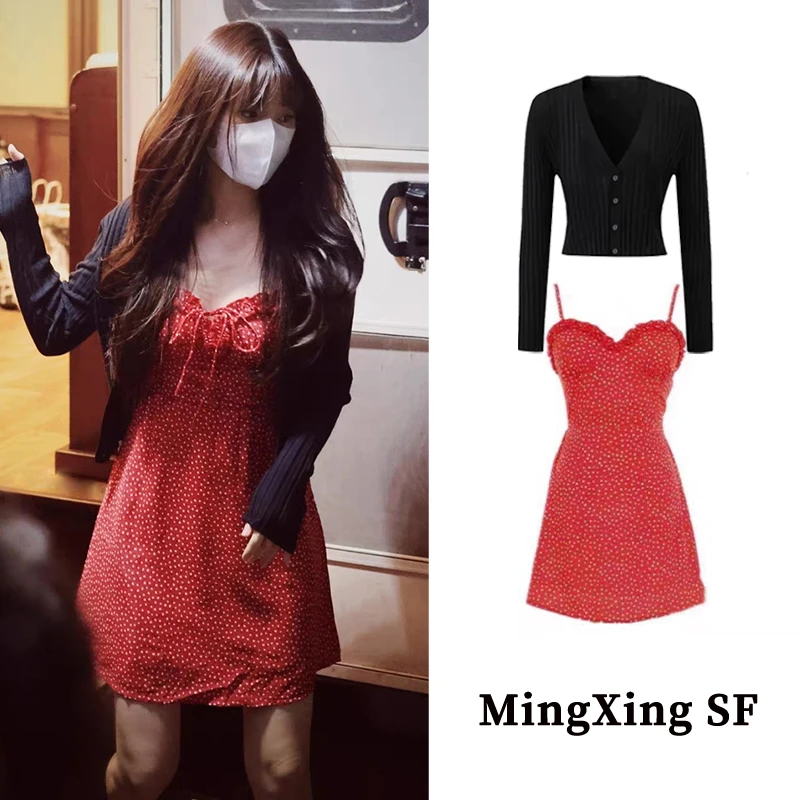 私服赵露思吊带连衣裙女2024法式新款赵昭仪红色波点明星碎花短裙