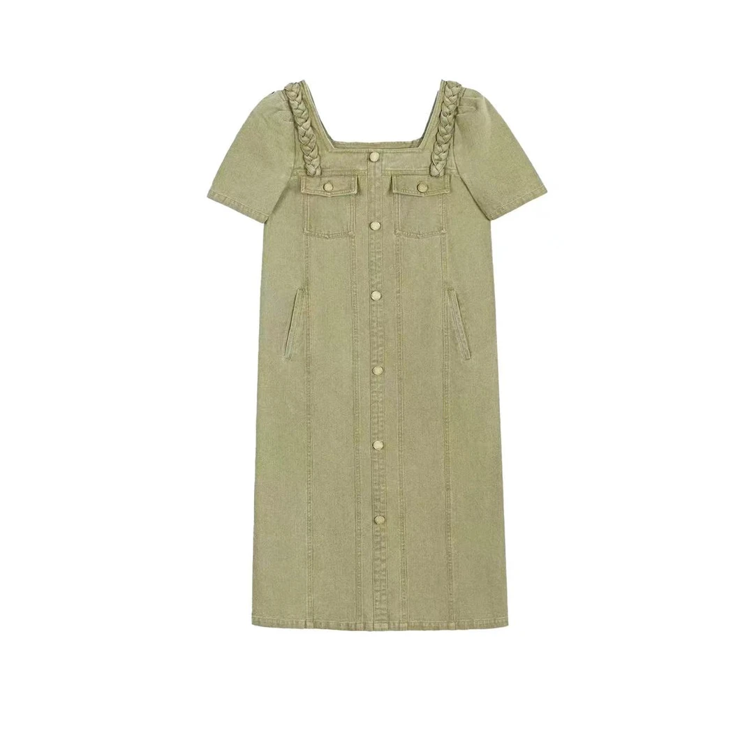 TY「绿野仙踪」原创设计师编织麻花结方领宽松短款牛仔裙*Zx 3658-1