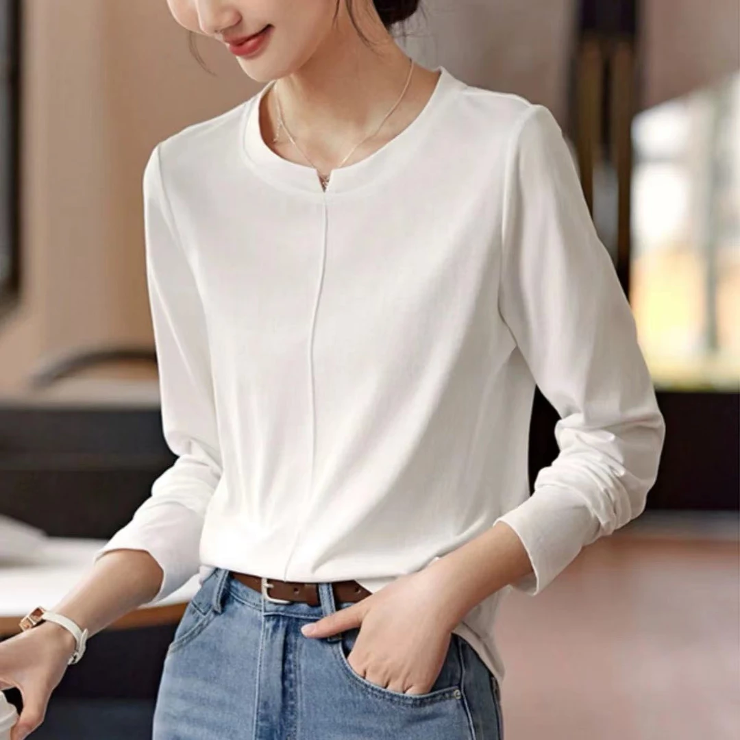 TY/-通勤长袖白色T恤上衣新款轻薄百搭显瘦套头衬衫户外*Sh 8847