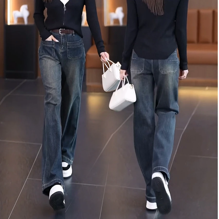 【送腰带】2025年春季新款窄版阔腿直筒牛仔裤女胖mm大码宽松显瘦潮