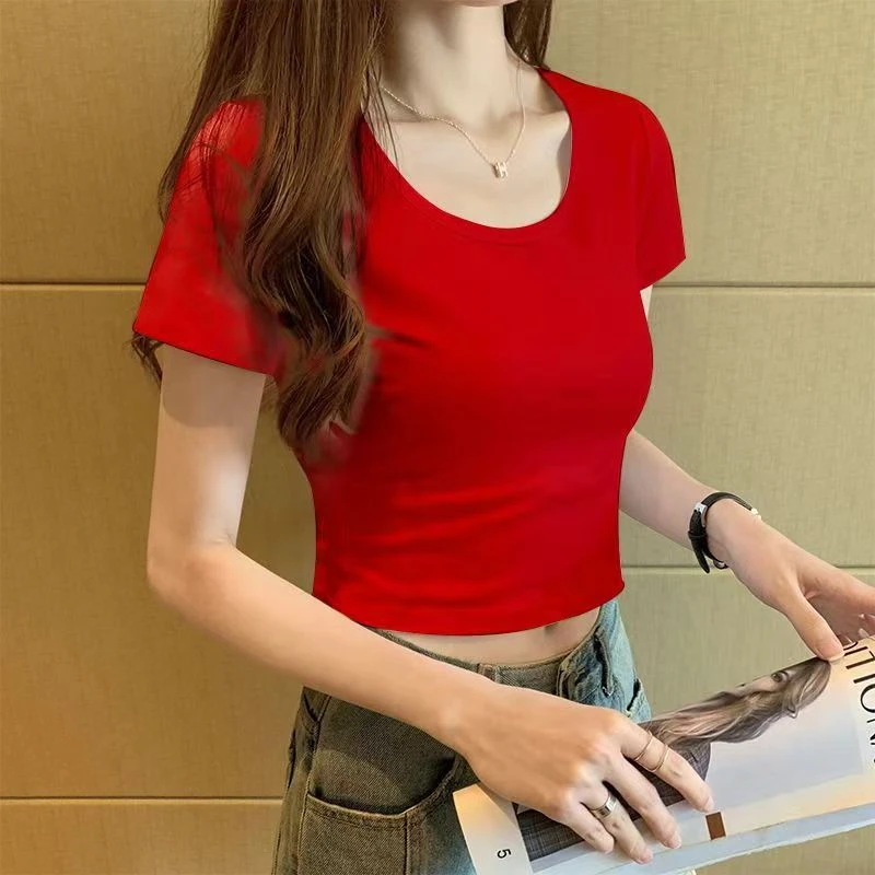 T001短款t恤女短袖露脐上衣2024夏季新款修身紧身漏肚脐半袖t恤潮