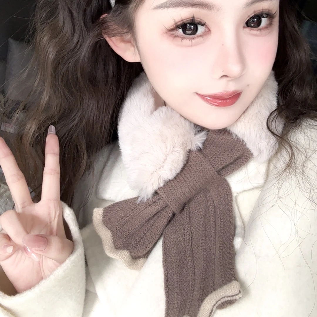 毛毛围脖女秋冬百搭韩版加厚防兔毛保暖针织毛绒脖套交叉毛领