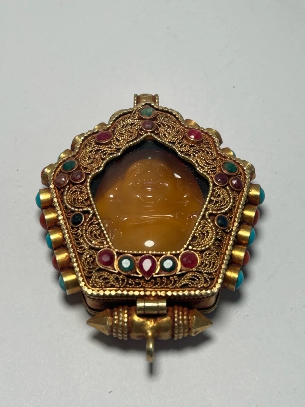 吊坠925银 银镶嵌掐丝鎏金弥勒佛嘎乌藏传中古风格