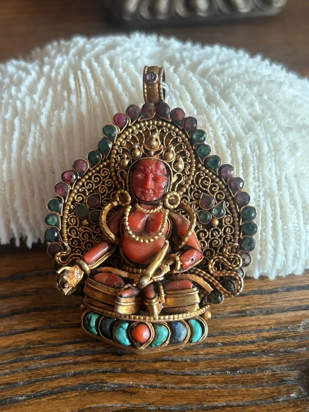 吊坠925银 尼泊尔纯手工制作银鎏金掐丝镶嵌黄财神吊坠藏传中古