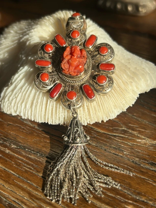 吊坠925银 尼泊尔银镶嵌镂空錾刻象鼻财神吊坠藏传中古