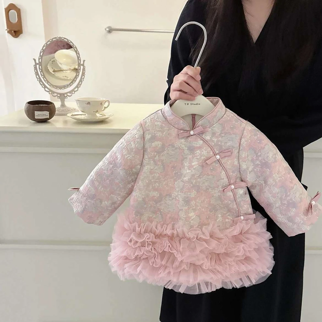 女童秋冬新中式旗袍唐装女宝宝洋气夹棉汉服女孩蛋糕网纱旗袍裙潮