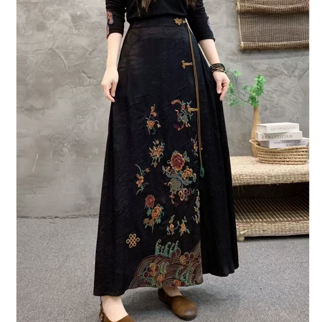 绣花时尚刺绣高腰显瘦中腰新中式提花长裙民族风气质中式半身裙