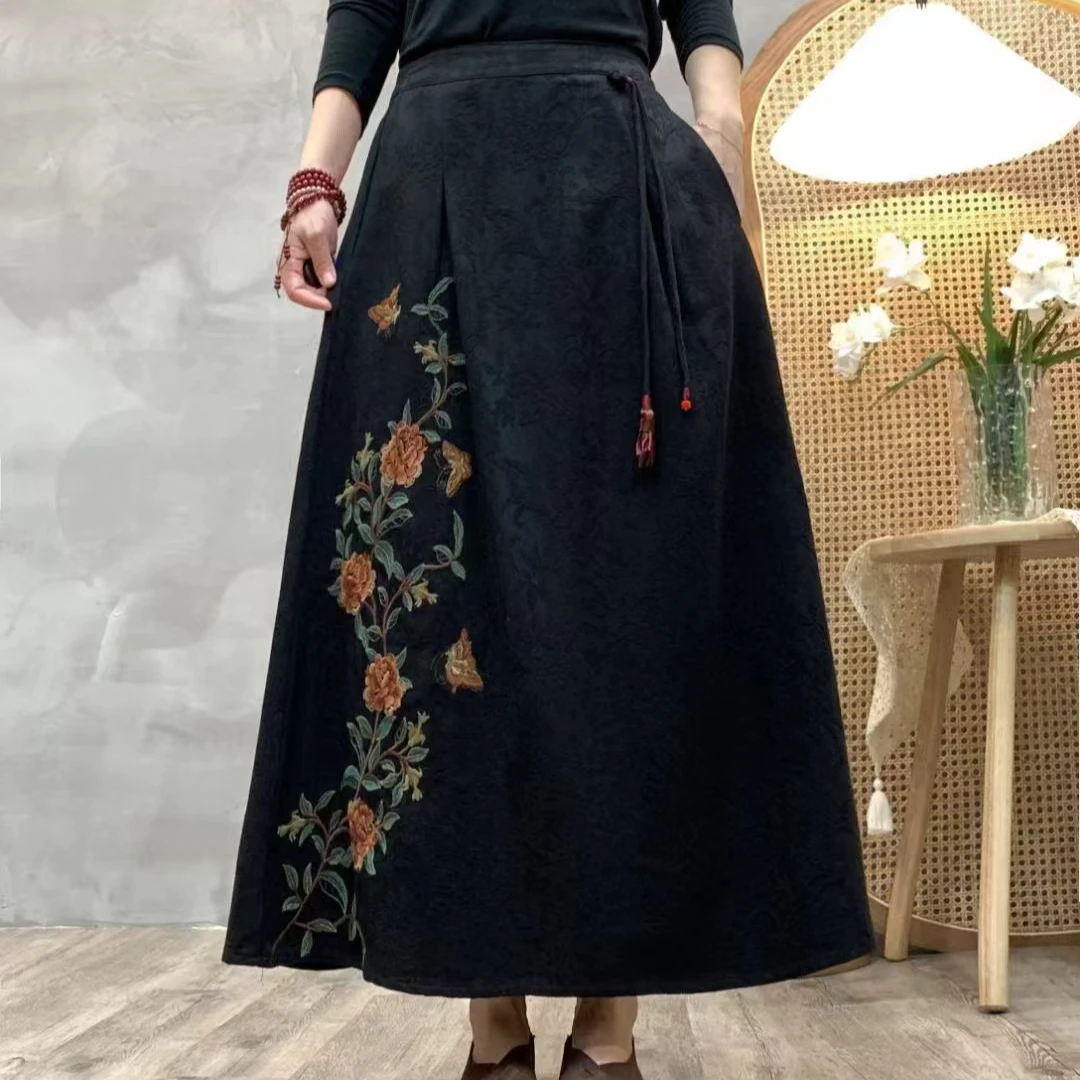 秋冬名族风棉麻气质显瘦复古提花重工绣花女士裙子