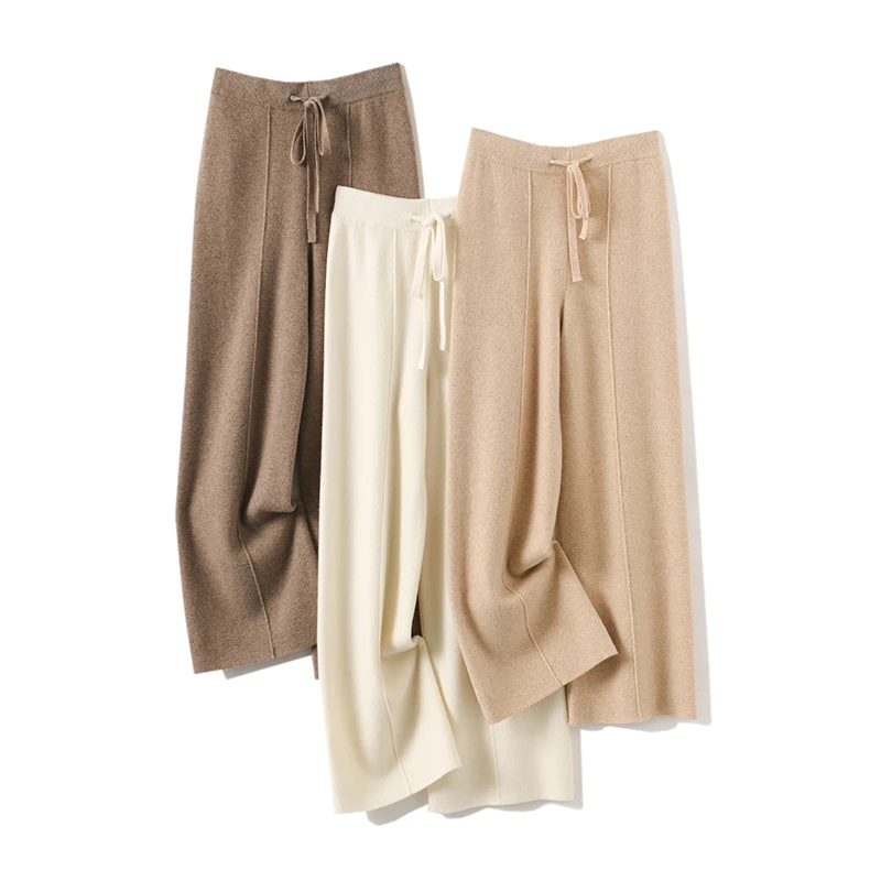 100%纯羊毛阔腿裤休闲针织直筒裤加厚中缝线拖地裤长裤