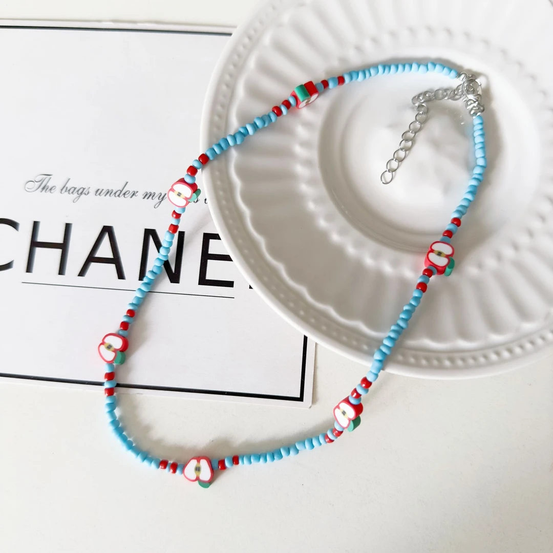 合金树脂项链 日韩清新米珠串珠软陶苹果项链甜美彩色锁骨链少女