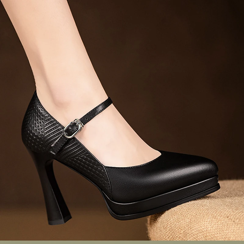 旗袍走秀高跟鞋防水台粗跟单鞋不累脚黑色白色皮鞋职业工作鞋女鞋