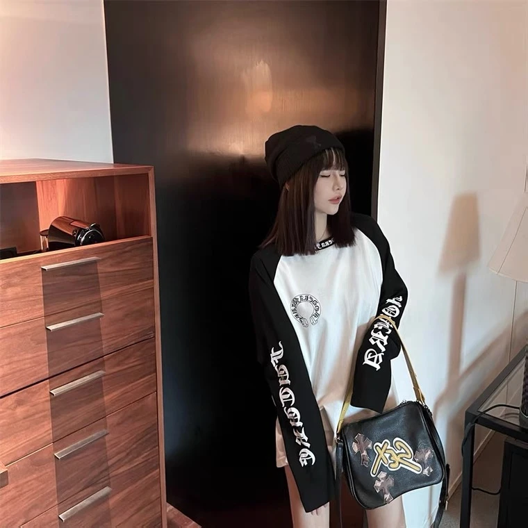 十字架马蹄印花撞色长袖T恤女春秋新款韩版ins超火设计感宽松上衣