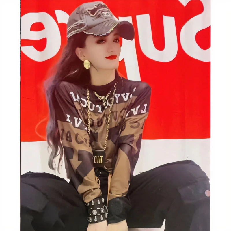 印花网纱T恤女夏季薄款设计感长袖防晒小众修身显瘦休闲ins上衣潮