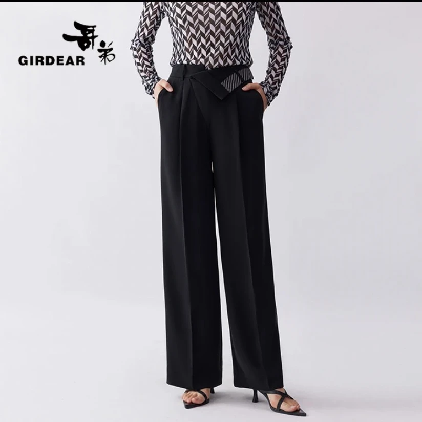 GIRDEAR/哥弟时尚翻边拼接设计感高腰宽松锥形阔腿长裤女1100447