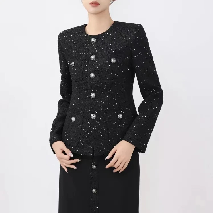 GIRDEAR/哥弟新款气质百搭圆领单排扣质感花呢小香风外套1400722