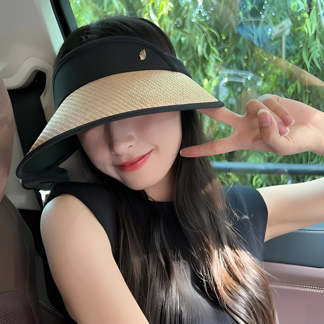 夏天高品大檐草编空顶帽女夏季遮脸无顶防晒帽子户外遮阳帽大头围