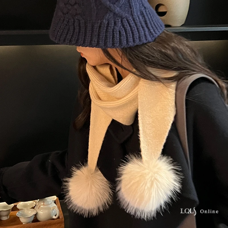 精灵尾巴！温柔日系减龄针织球球围巾三角巾女冬季纯色兔毛球礼物