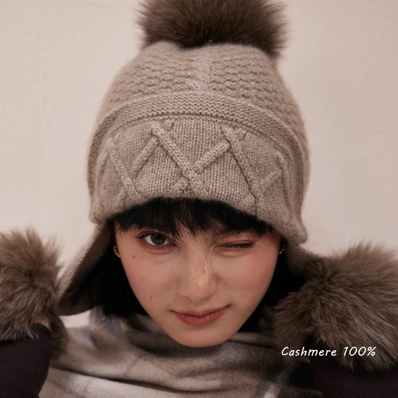 北国雪松菠萝针绞花Cashmere保暖针织纯山羊绒帽灰色美式秋冬礼物