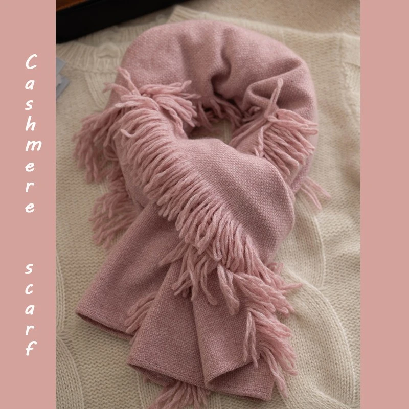 治愈暖茶 浅色系100%山羊绒加厚围巾送人流苏披肩冬季女纯色礼物