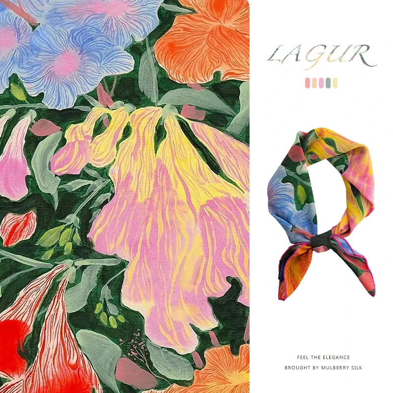 夏夜后丨100%桑蚕丝网红领巾丝巾65方巾原创油画真丝围巾薄款礼物