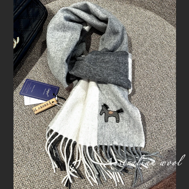 Lagur简约黑白小马~100%羊毛围巾保暖中性款送男友送女友礼物送礼