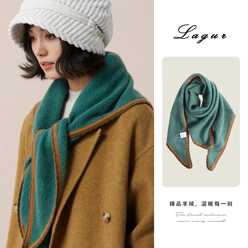 往昔时光100%羊绒三角围巾撞色花瓣包边时髦百搭高级感冬季毛茸茸