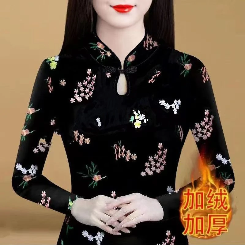 2025新款一体双面德绒旗袍领打底衫女长袖修身时尚百搭保暖上衣潮