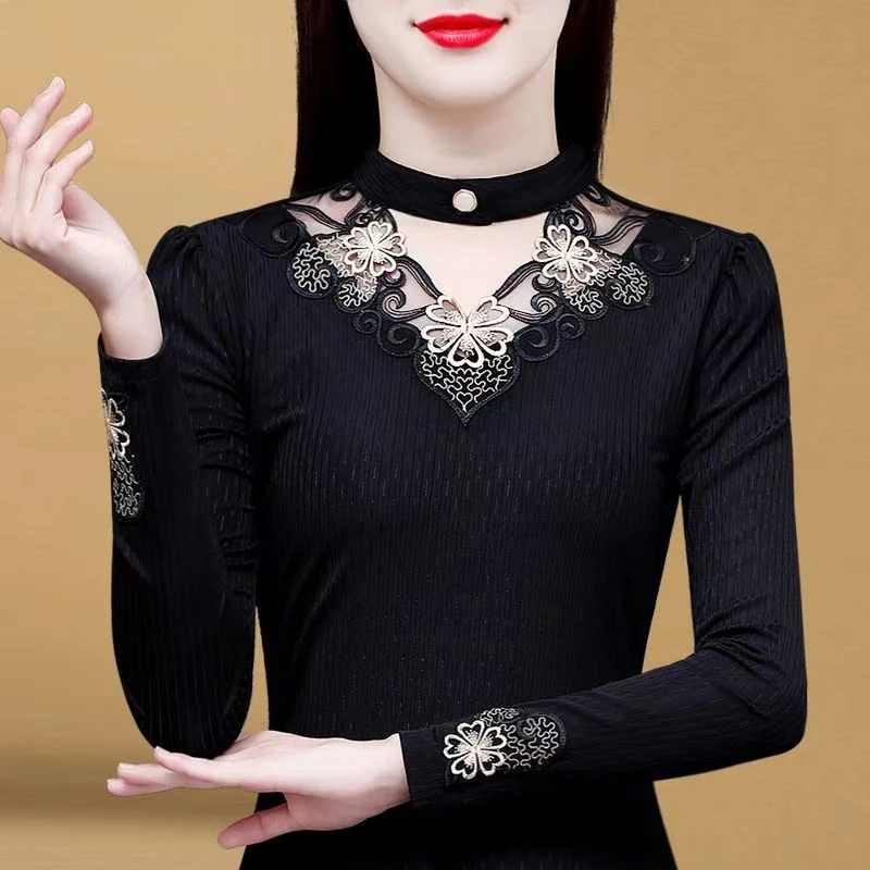 蕾丝打底衫长袖女秋洋气新款时尚黑色内搭气质小衫春秋加绒打底衣