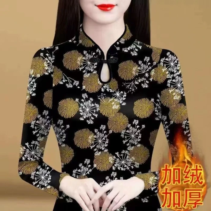 新款一体双面德绒旗袍领打底衫女洋气修身时尚百搭加厚保暖上衣