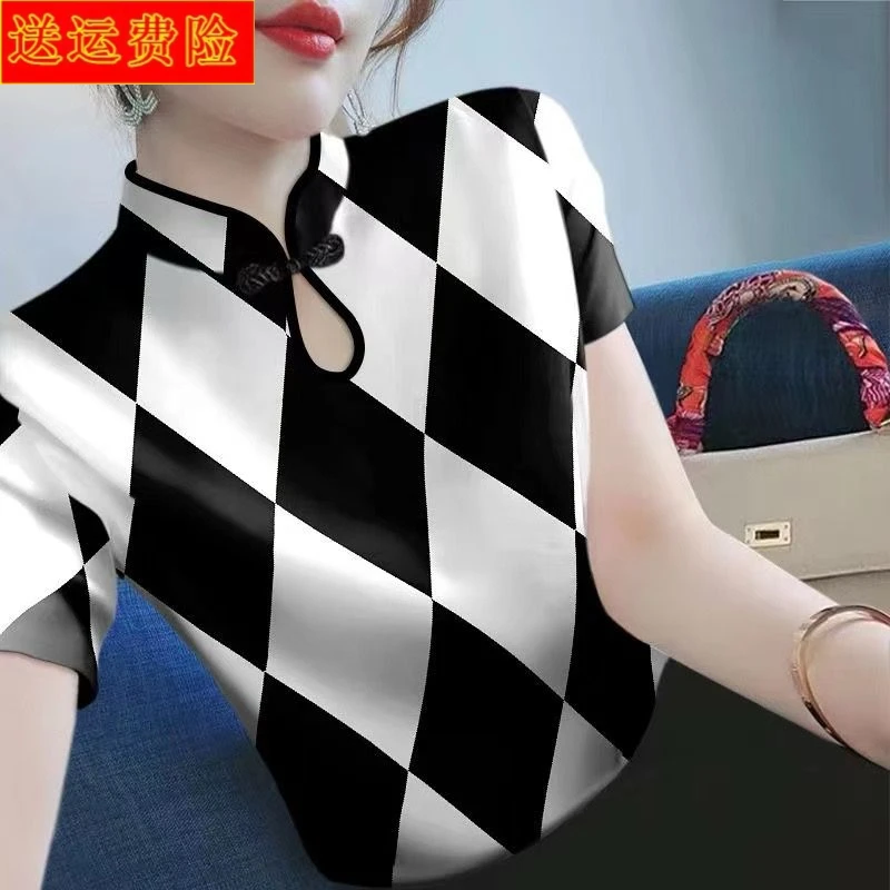 旗袍领短袖t恤女装2025夏季新款洋气印花内搭显瘦打底衫上衣小衫