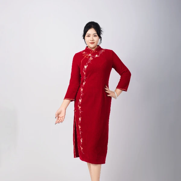 【瑰丽】新年红色款雪尼尔大码中式国风旗袍连衣裙9077