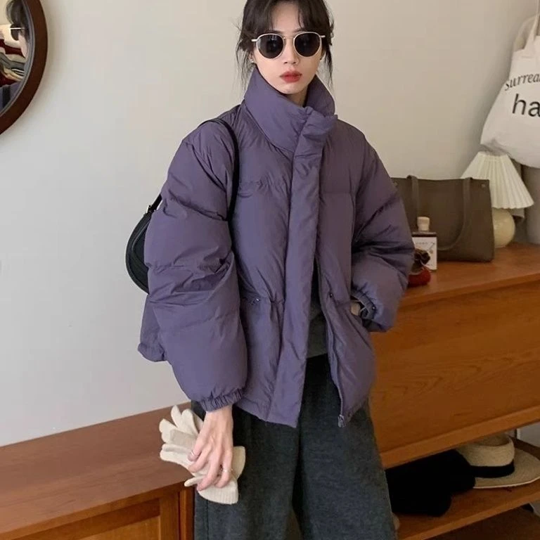 反季服女白鸭绒面包服紫色玫红色蓬松气质韩版短款