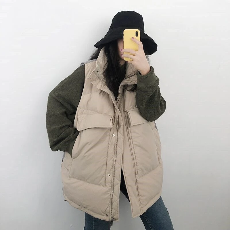 新款棉马甲女外穿秋冬韩版中长加厚棉背心学生纯色立领马甲棉服