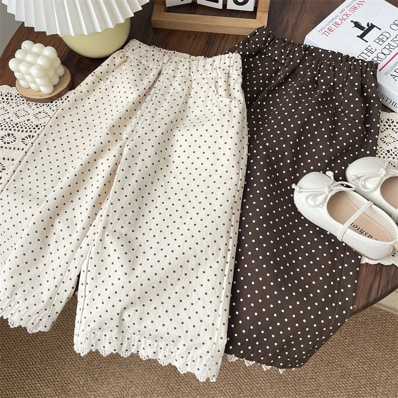女童春秋季花边波点直筒阔腿裤女宝宝秋款外穿长裤儿童装秋装裤子