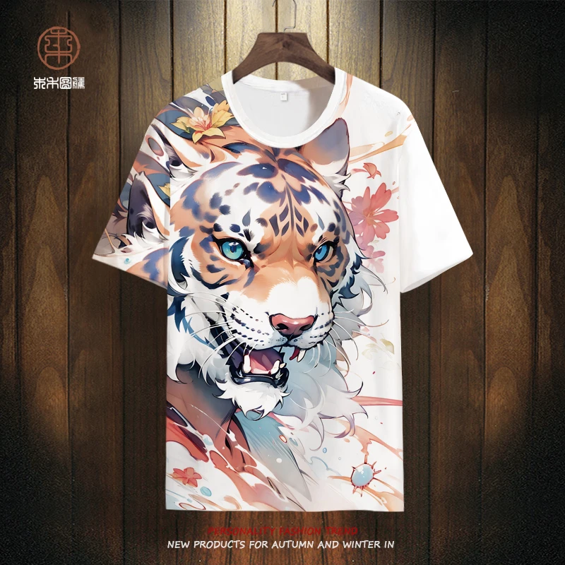 中国风老虎印花短袖T恤男设计感小众ins国潮圆领半袖oversize体恤