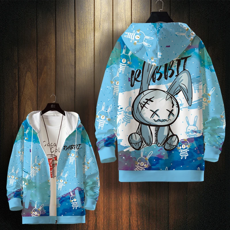 涂鸦卫衣男春季薄款连帽衫兔子潮牌印花卡通外套大码休闲上衣百搭