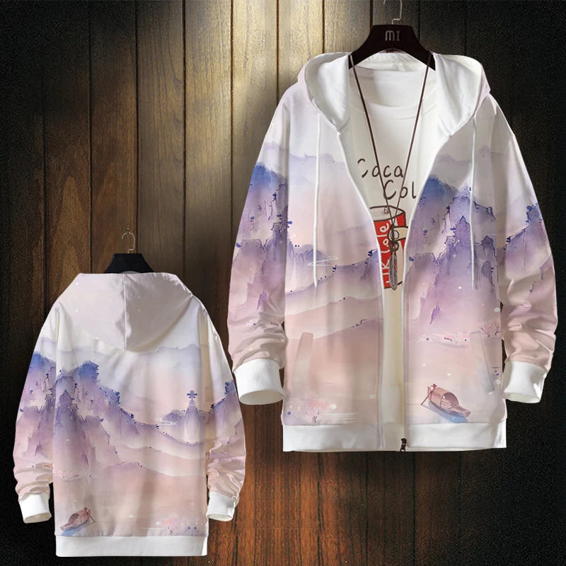 国风男外套国潮山水古风印花开衫卫衣大码休闲连帽衫大码加肥上衣