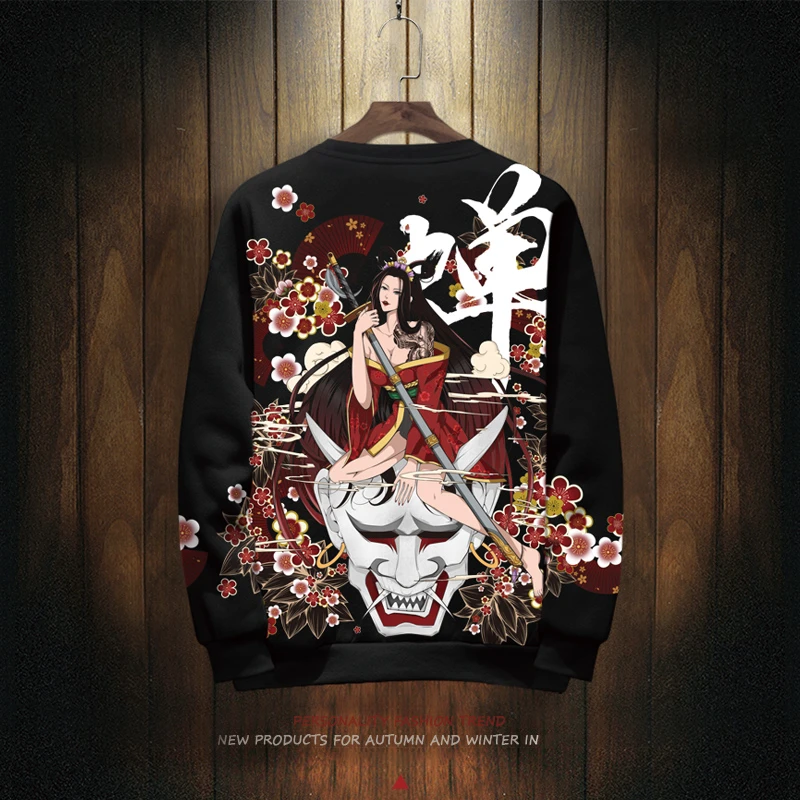 原创美女印花卫衣外套男国潮长袖T恤大码加肥秋季休闲圆领上衣服