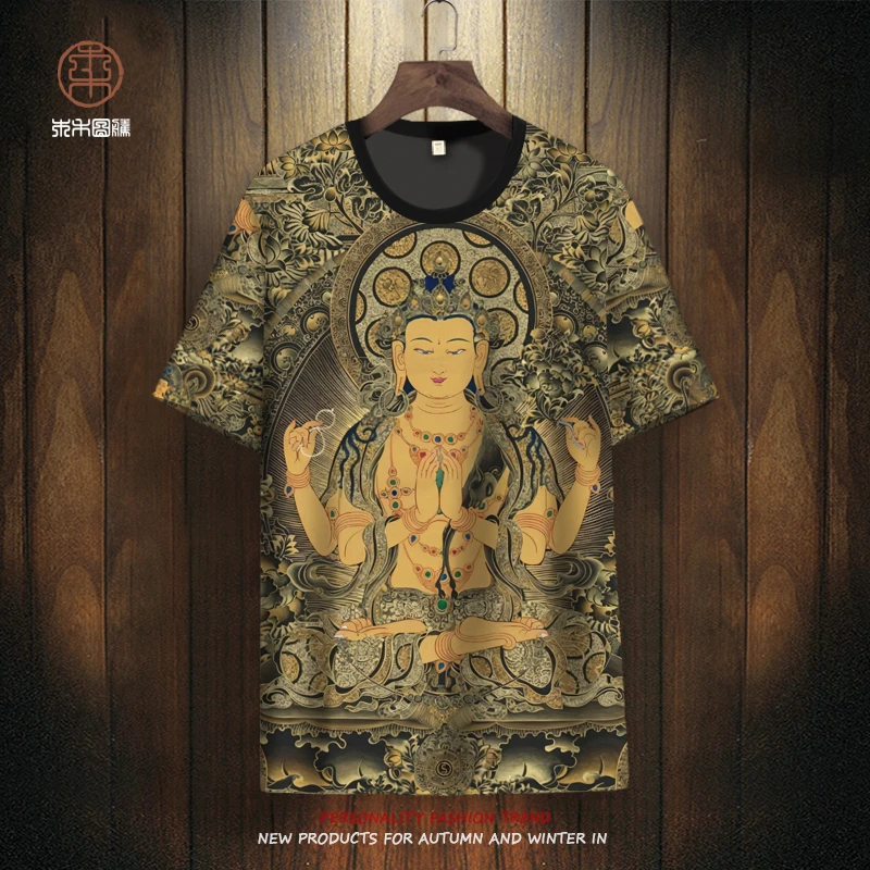 2025新款短袖T恤男中国风佛像印花ins潮牌半袖大码加肥冰丝体恤衫