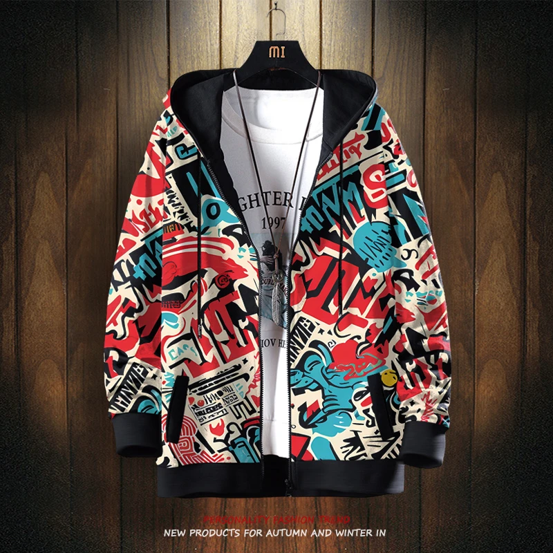 冬季加绒开衫卫衣男连帽潮流大码涂鸦印花外套字母卡通潮流上衣服