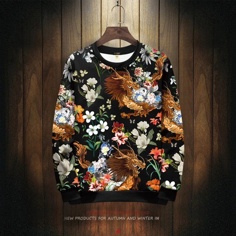 春季薄款圆领卫衣男生长袖T恤古风龙印花潮流大码宽松上衣服百搭