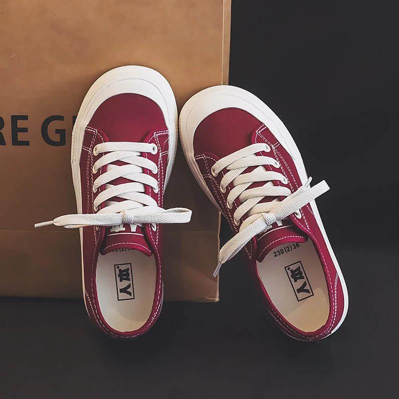 人本帆布鞋女红色复古女鞋低帮学生运动鞋小众百搭软底休闲板鞋女
