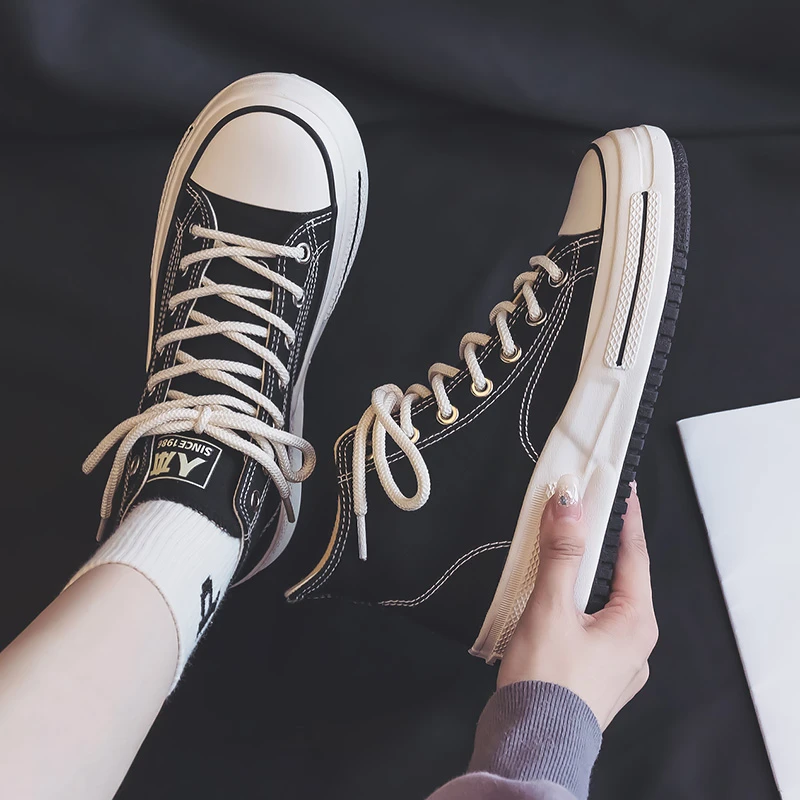 人本高帮帆布鞋女松糕跟厚底秋款透气百搭休闲板鞋ins潮增高女鞋