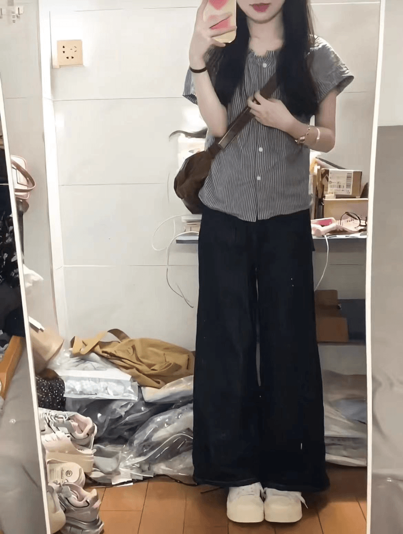 夏季新款韩系复古条纹短袖衬衫别致气质百搭宽松高腰宽松休闲裤