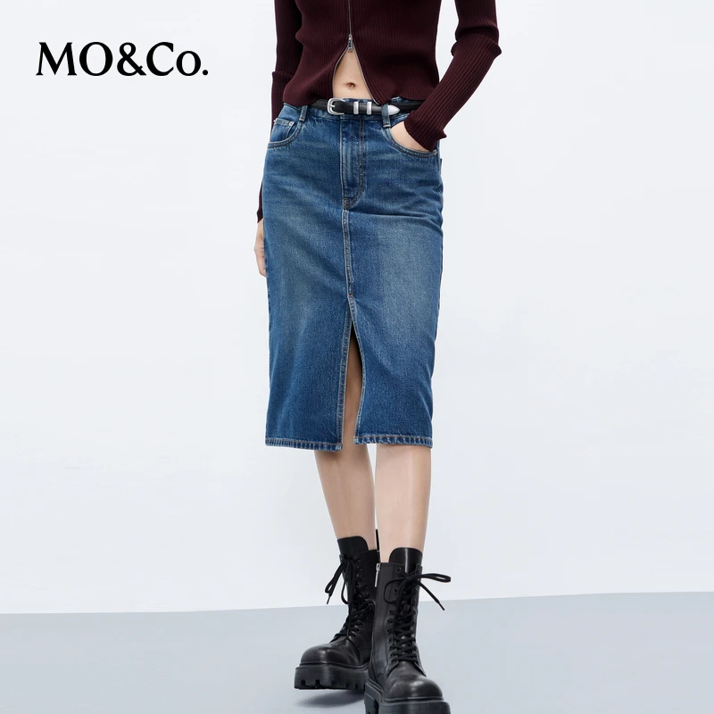 【土耳其棉】MOCO秋天高腰直筒前开叉牛仔半身裙MBC3SKTK07