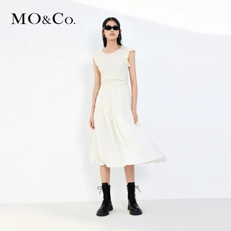 MOCO夏季法式精致肌理不规则层次无袖连衣裙气质MBC2DRST01