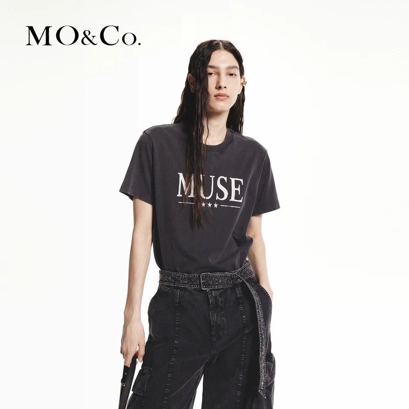 MOCO秋美式斑驳印花简约圆领短袖白色棉质T恤MBD3TEE010