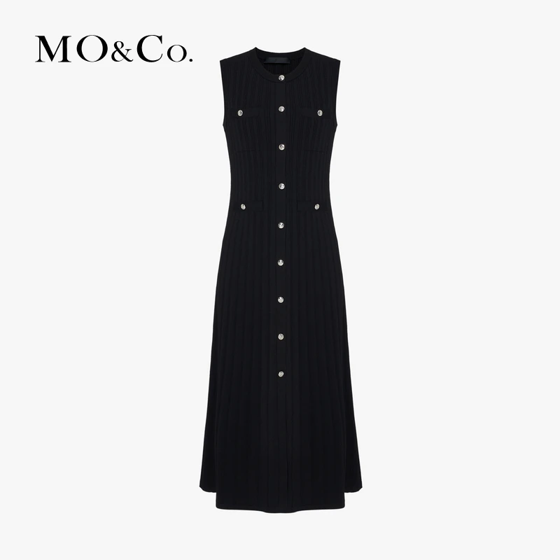 MOCO春雕花银扣渐变坑条肌理高腰针织连衣裙MBD2DRS103
