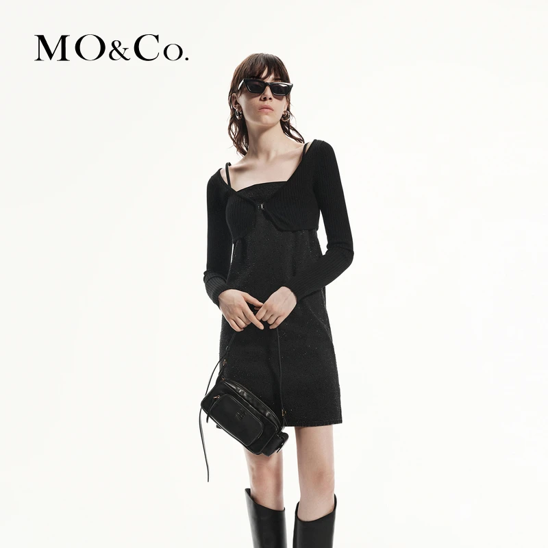 【流光风】MOCO秋烫钻牛仔连衣裙针织坎肩吊带裙两件套MBD3DRS005